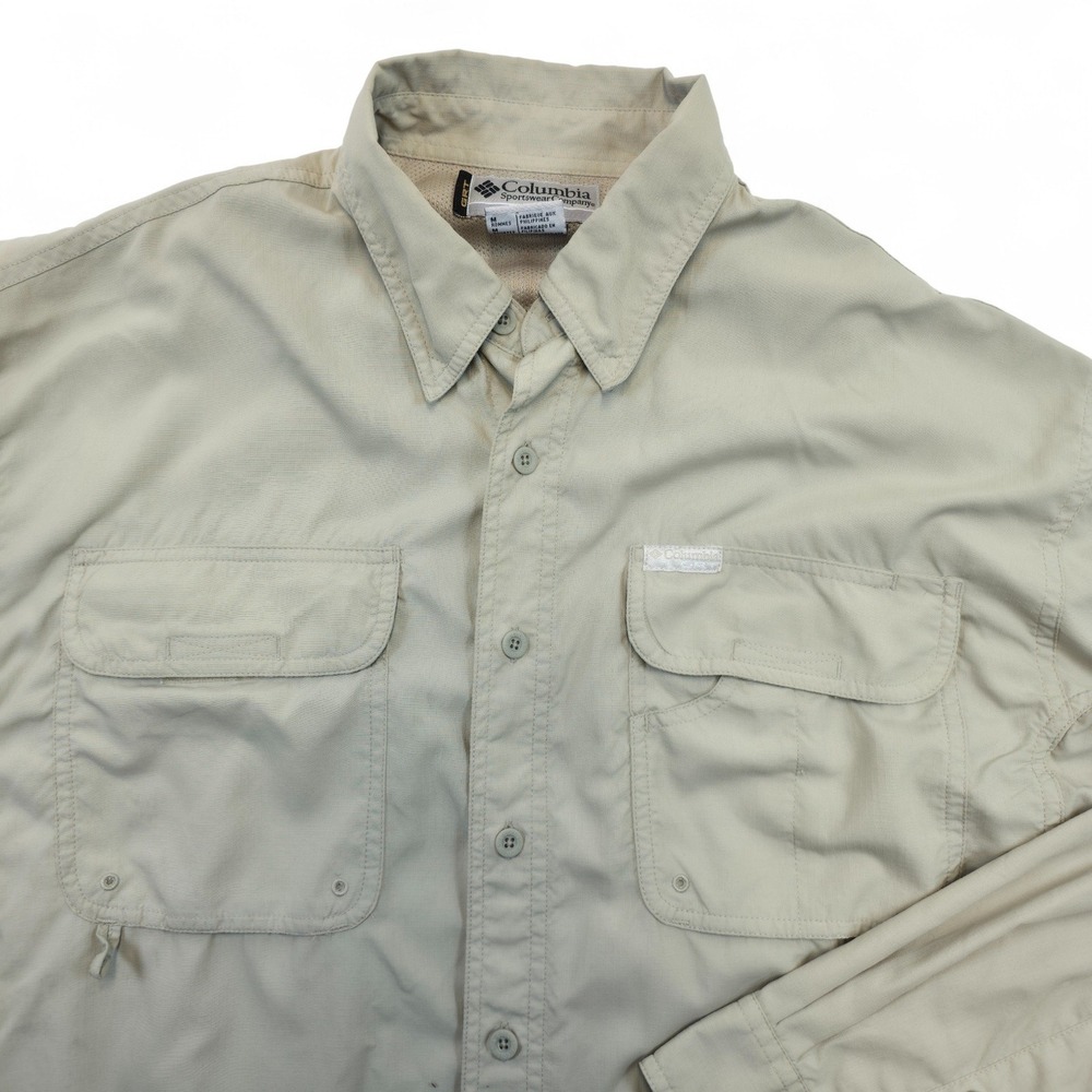 Columbia Men's M Button Up Long Sleeve Fishing Shirt Casual Work Outdoors Beige - Picture 2 of 9